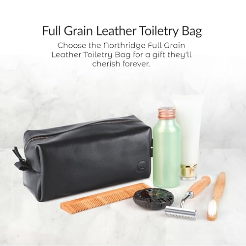Premium Leather Toiletry Bag For Men - Travel Bag, Shaving Kit Bag & Toiletry Organizer - Full Grain Leather (Single Zip, Brown)