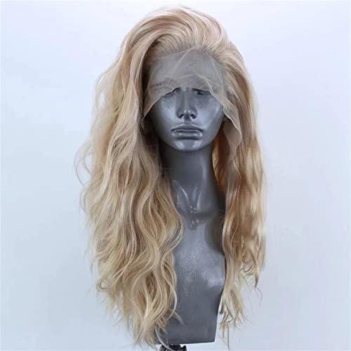 ELESTY Long Natural Curly Glueless Lace Front Wig Gloden Blonde Synthetic Lace Front Wigs for Women Left Part Glueless Heat Resistant Fiber Hair Daily Party Wig ¡¦