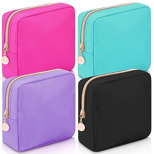 Hushee 4 Pcs Nylon Makeup Bag Preppy Zipper Pouch Waterproof Nylon Toiletry Storage Bag for Women(Mini,Black, Fuchsia, Mint, Grape)