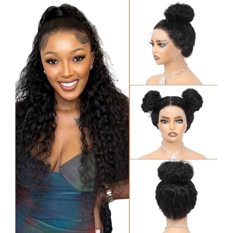 ONICE 360 Drawstring Lace Front Wigs Human Hair Pre Plucked Invisible Strap Deep Wave Glueless Full Lace Human Hair Wigs With Drawstring Hidden Strap 360 Curly Wig For Black Women (20 Inch)
