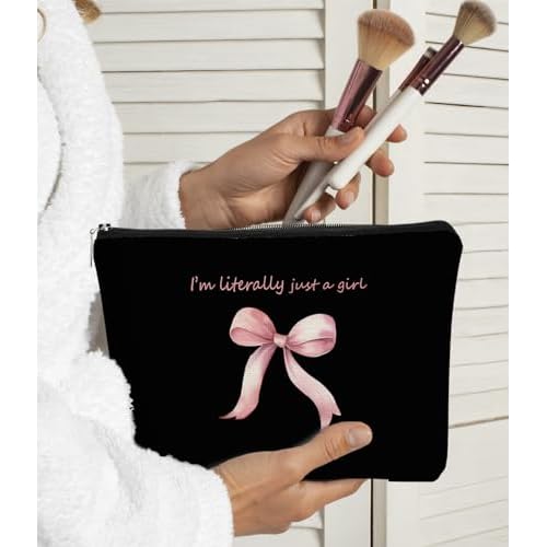 Pink Coquette Bow Aesthetic Makeup Bag, I'm Literally Just a Girl, Cute Cosmetic Bag, Trendy Preppy Gifts, Coquette Stuff, Black