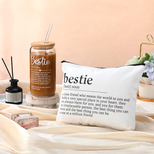 Tioncy 2 Pcs Bestie Birthday Gifts for Women BFF Friendship Gift Set Makeup Bag 17 oz Bestie Glass Cup with Lid and Straw for Women Sister