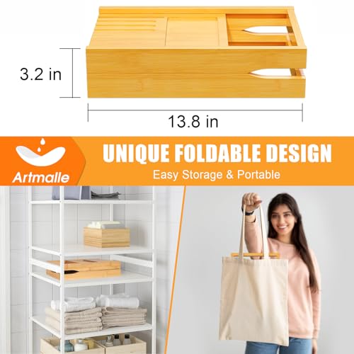 Artmalle Bathtub Caddy Tray for Tub, Expandable Bamboo Bath Table Tray with Book Stand for Home Spa Relaxing, Foldable Minimalist Bathroom Accessories for Women Men (Simple, Natural) (Natural)