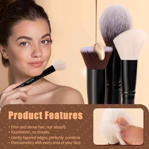 ZAMEL Professional Travel Goat Hair Makeup Brushes Set, 15Pcs Kabuki Face & Eye Makeup Brush set Ultra Soft Dense Flat Foundaiton Blush And Extra-large loose Powder Brush Eyeshadow