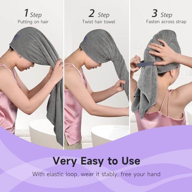 Extra Large Microfiber Hair Towel for Women Curly, Long, Thick Hair, 2 Pack Ultra Absorbent Hair Drying Towel Wrap, Super Soft Anti Frizz Hair Turban with Elastic Loop (Grey, Camel)