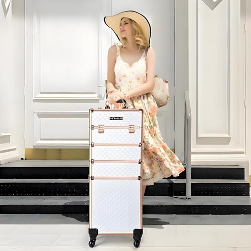 VETALLO Rolling Makeup Train Case, 5-in-1 Travel Makeup Case Organizer I Large Makeup Case with Key Swivel Wheels I Makeup Train Case for Manicurists Hairstylists Esthetician I White