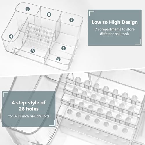 CGBE Nail Drill Holder, 28 Holes Transparent Acrylic Nail Drill Bits Holder, Professional Nail Tools Organizer and Storage Box Case