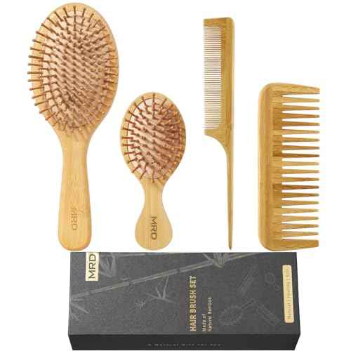 MRD Bamboo Hair Brush Set, 4-Piece Detangling Hairbrush and Comb Kit, Paddle Brush for Women Men Kids, All Hair Types-Gift Box