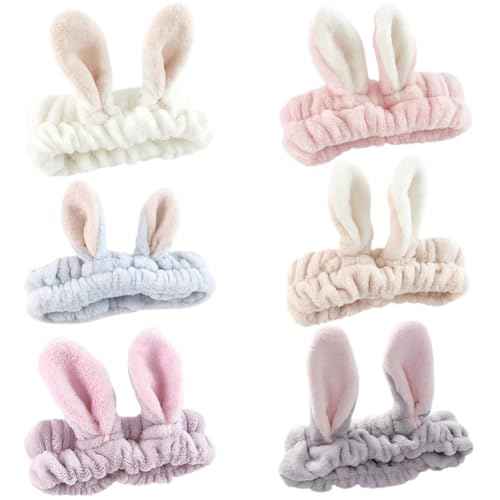 6 Pack Spa Headband, Rabbit Ears Makeup Headband Hair Band, Elastic Bunny Ears Coral Fleece Head Wrap Skincare Headbands for Party Face Washing Beauty Shower Women Girls, Easter Cosplay Costum