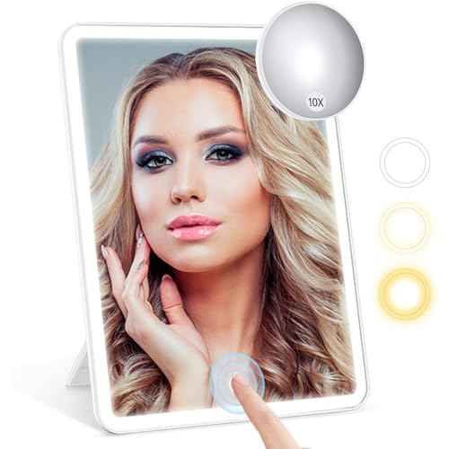 Rechargeable Travel Makeup Mirror with Lights, Portable Makeup Vanity Mirror with 10X Magnifying Mirror, 3 Color Lighting, High Capacity 2000mAh Battery, Travel Essential