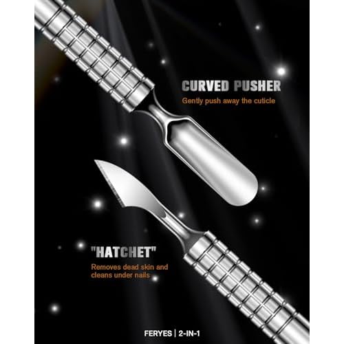 2025 Upgraded Dual Head Cuticle Pusher Remover Tool - Curved & Chisel Edge Stainless Steel, Ergonomic Non-Slip Handle for Professional Salon & Home Manicure Nail