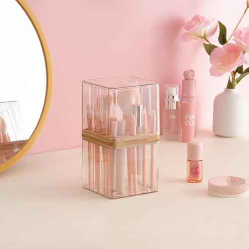SUNFICON Makeup Brush Holder with Cover Makeup Brush Container With Lid Clear Makeup Brush Holder Organizer Waterproof Dustproof Beauty Brushes Storage Case Stand for Vanity Bathroom Countertop,Gift
