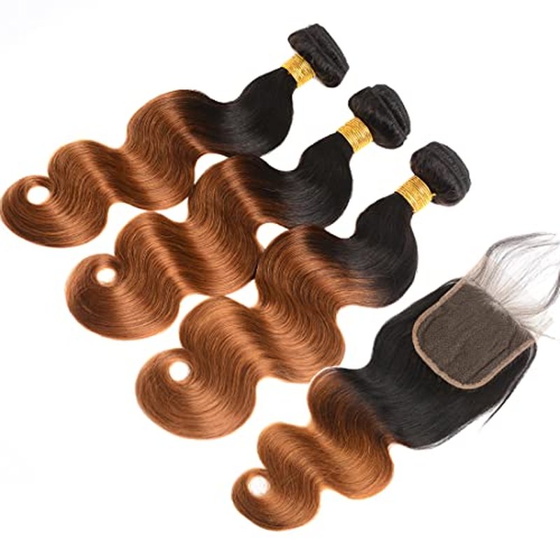 Ombre Human Hair Bundles with Closure Body Wave 3 Bundles 1B/30 Brazilian Virgin Human Hair Two-tone Dark Root with 4x4 Lace Closure(T1B/30, 16 18 20 +14)