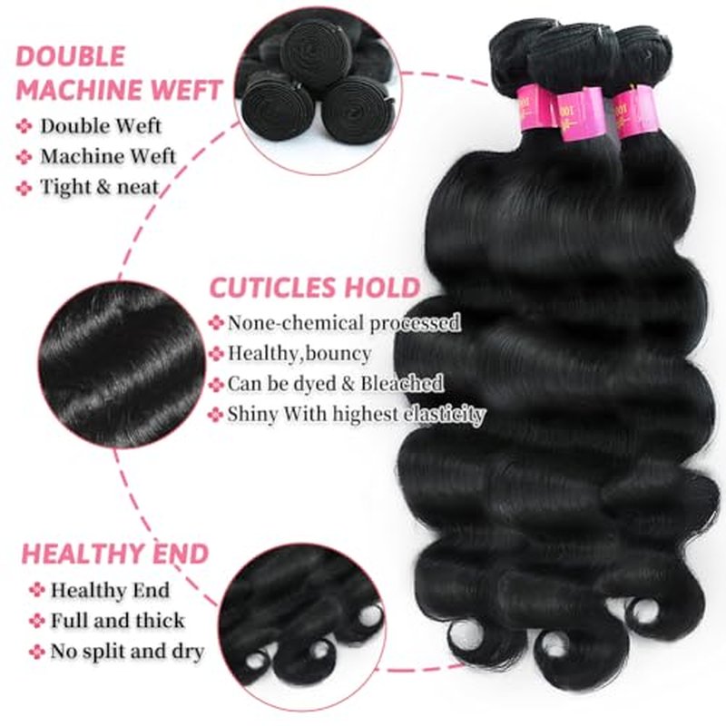 12A Human Hair Bundles 16 18 20 Inch Body Wave 100% Unprocessed Brazilian Virgin Hair 3 Bundles Human Hair Extensions Quick Weave Natural Black