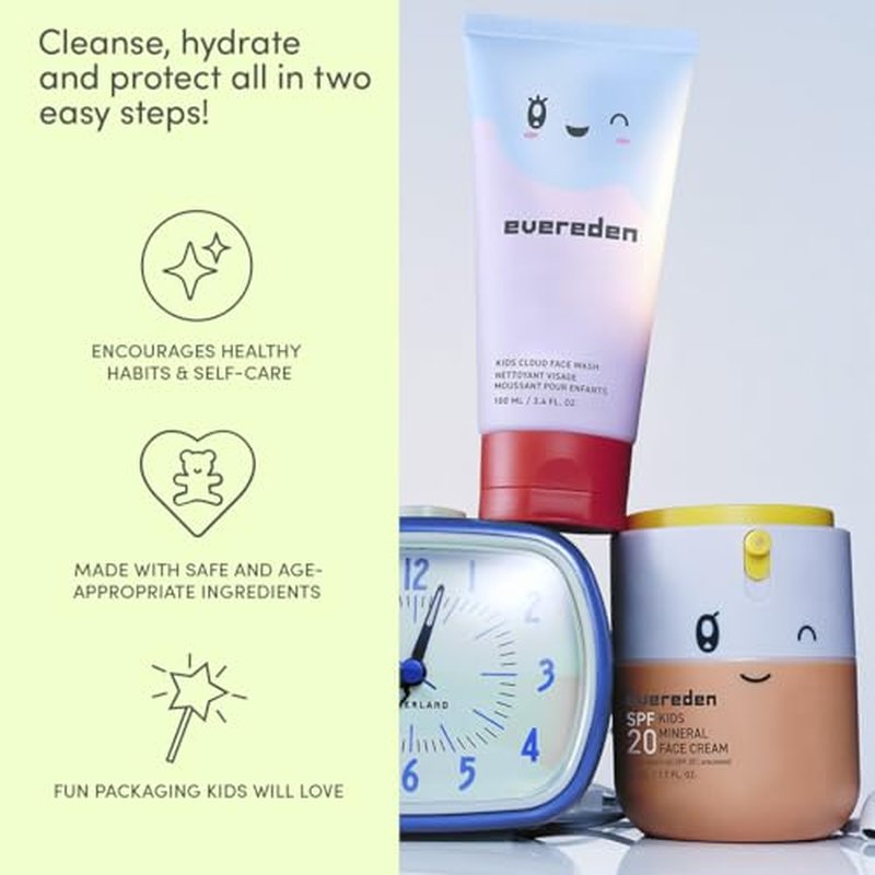 Happy Morning DUO Kids Spa Headband for Girls: Clean & Vegan Skin Care Bundle | Cloud Face Wash + SPF 20 Mineral Face Cream | Non-Toxic | Easy-to-Use Skincare