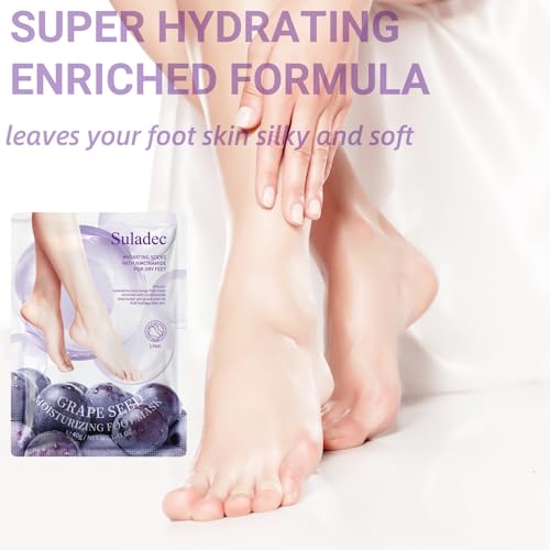 SULADEC Moisturizing Foot Mask with Grape Seed Oil and Shea Butter, Hydrating Foot Masks for Dry Cracked Feet, Dry Skin Moisturizer for Soft and Smooth Touch Feet - Men Women - 7 Pairs