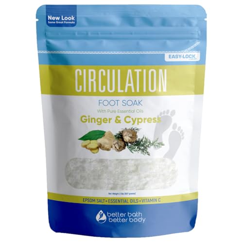 Circulation Foot Soak 32 Ounces (2 Lbs) Epsom Salt with Pure Essential Oils Ginger and Cypress Essential Oils Plus Vitamin C in BPA Free Pouch with Easy Press Lock Seal