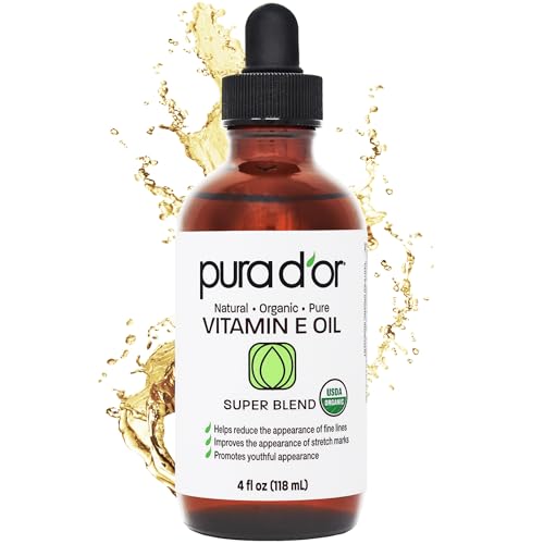 PURA D'OR 4 Oz Organic Vitamin E Oil ? USDA Certified Face, Body, Hair & Bath Oil with Argan, Jojoba, Rosehip, Apricot, Almond & Avocado ? Lightweight Moisturizing Blend for Soft, Smooth Skin