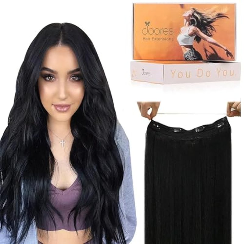 DOORES Hair Extensions Real Human Hair, Jet Black 120g 22 Inch, Wire Hair Extensions Adjustable Size Straight Long Hair Extensions Remy Hair Invisible Hairpieces for Women