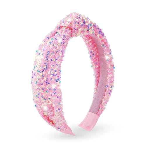 Sequin Knotted Headband for Women, Sparkly Knotted Wide Hair Bands for Girls, Glitter Fashion Iridescent Headbands Hair Accessories Fancy Outfits for Party Birthday Prom (Pink)