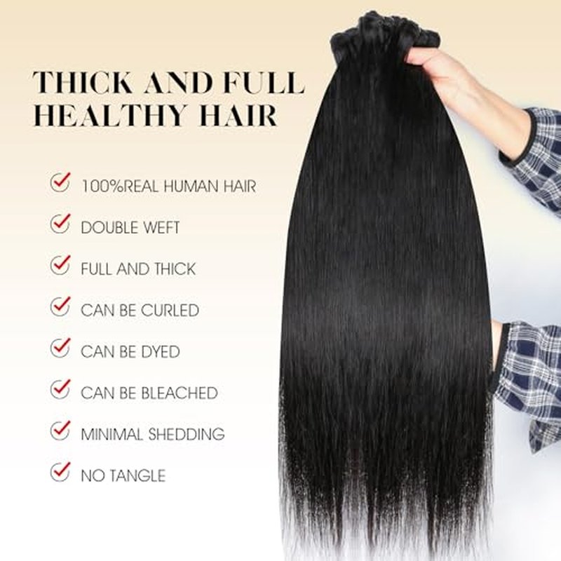 16A Human Hair Bundles Straight 18 20 22 Inch 100% Unprocessed Raw Brazilian Human Hair Double Weft Extensions Straight Weave 3 Bundles Remy Virgin Hair Bundles Deals Natural Black Color
