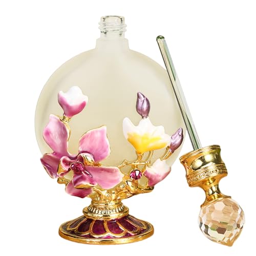30ml Glass Perfume Bottles Empty with Pink Magnolia, 1 Pack Vintage Antique Dropper Perfume Bottle, Portable Essential Oil Vial Scent Bottles, Girl Women Gift for Dresser Table Decor
