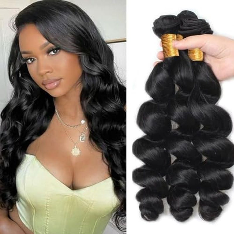 Loose Wave Hair Bundles Thick Brazilian Virgin Human Hair Loose Wave Bundles for Women Natural Black Color Can Be Dyed and Styled Total 300g 16 18 20 Inch