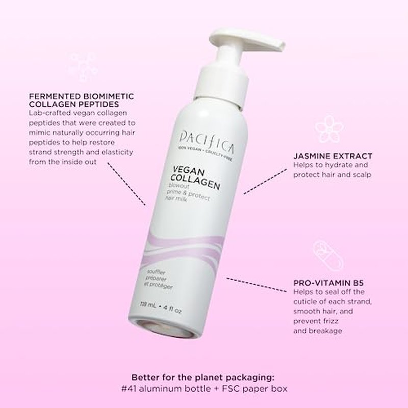 Pacifica Heat Protection Spray for Hair - Vegan Collagen Blowout Prime & Thermal Protection Hair Milk - Blow Dry Spray - for Curly, Wavy & Straight Hair - Vegan & Cruelty-Free Dermatologist Tested