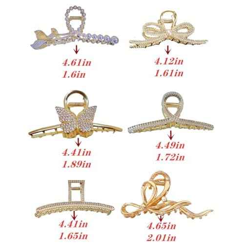 Large Pearl Rhinestone Metal Hair Claw Clips for Thick Hair - Nonslip, Strong Hold, Gold (6 Pcs)