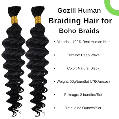 Deep Wave Human Braiding Hair for Boho Braids 1b Black Curly Human Hair Bundles for Braiding 2 Bundles/Pack 22Inch