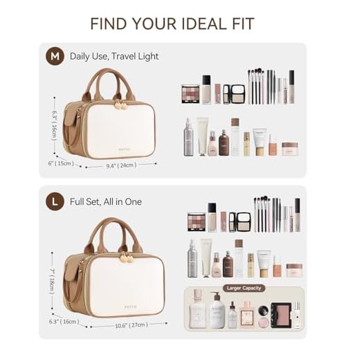 Prite Makeup Bag for Women, Large Capacity Waterproof Travel Cosmetic Organizer, Portable Open Flat Toiletry Bag with Free-standing Brush Holder and Handle(Beige Brown Large)