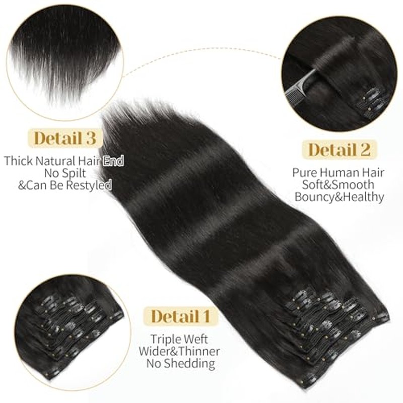 Clip in Hair Extensions Real Human Hair, Natural Black ? 20 Inch 7pcs 160g/Pack, Soft Hair Extensions Real Human Hair Clip ins Straight Suitable for all Hair Types (#1B 20 Inch)