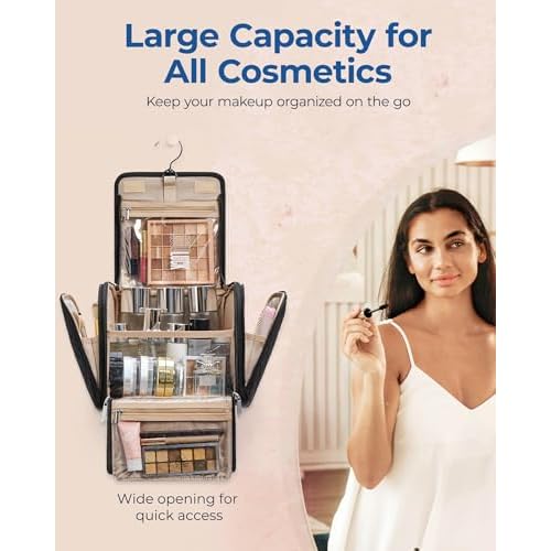 BAGSMART Makeup Bag for Women with Hanging Hook, Large Portable Capacity Water-resistant Organizer Travel Case for Toiletries and Cosmetics, Brown