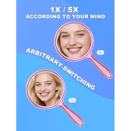 Handheld Mirror with Handle, 10.5 x 5.7 inches, Double-Sided 1X/5X Magnification Travel Makeup Mirror for Women, Pink