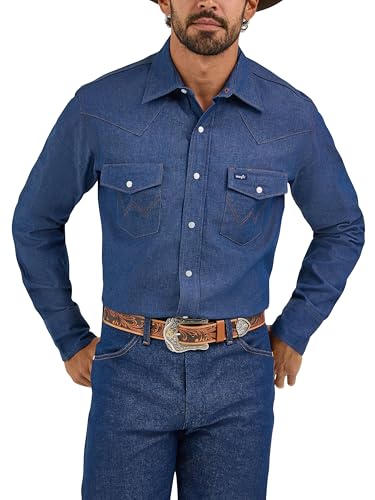 Wrangler Men's Authentic Cowboy Cut Work Western Long-Sleeve Firm Finish Shirt, Indigo Denim, 17 1/2 38