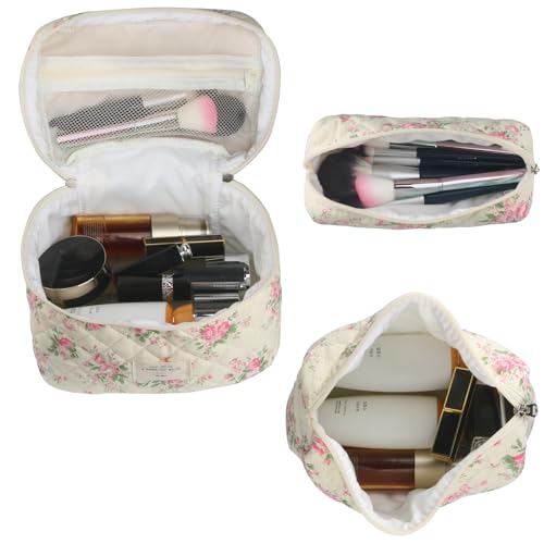 Cute Makeup Bag for Women(2 Pcs), Travel Cosmetic Bags, Quilted Coquette Aesthetic Floral Toiletry Organizer Bag (21 - Pink Flower)