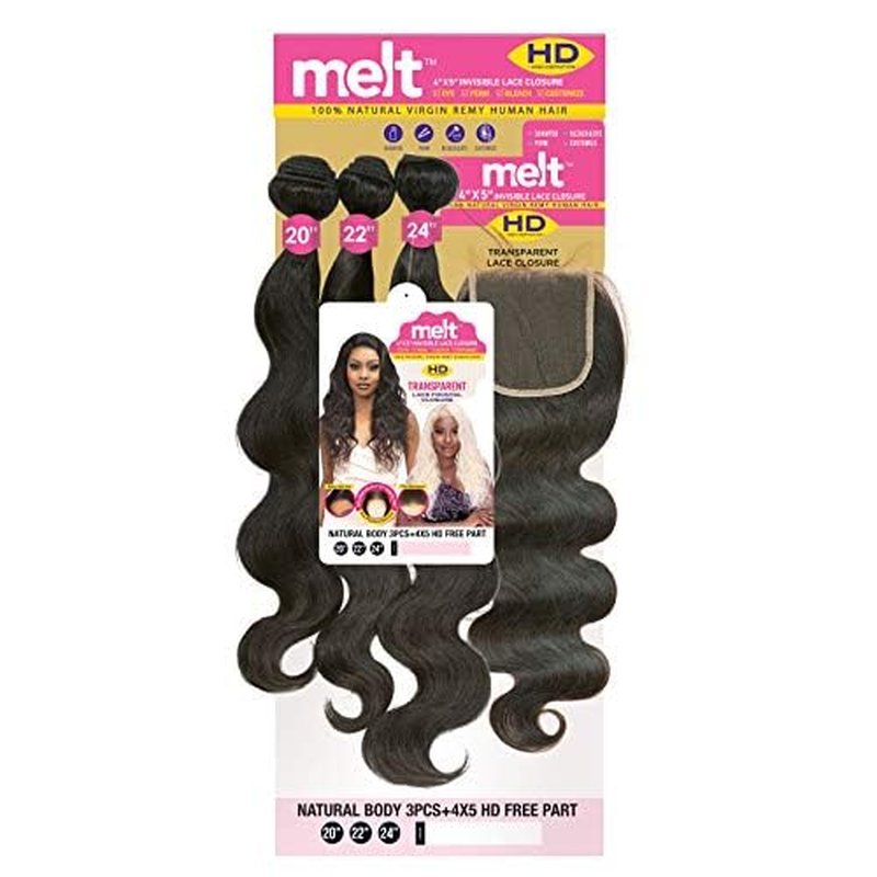 Janet melt 4x5 Invisible Lace Closure HD Free Part Transparent Lace Frontal Closure Natural Virgin Remy Human Hair MELT CLOSURE NATURAL BODY 3PCS (14"16"18", NATURAL)