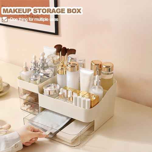 DASITON Makeup Organizer with 3 Drawers,Skincare and Cosmetics Organizer Countertop,Makeup Organizers and Storage with Brush Holder,Large Cosmetic Display Case for Vanity,Desk,Bathroom,Bedroom(Cream)
