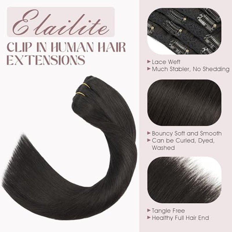 Elailite Clip in Hair Extensions Real Human Hair, Remy Hairpieces for Women, 7PCS Lace Weft Full Head, 20 Inch 120g Natural Black