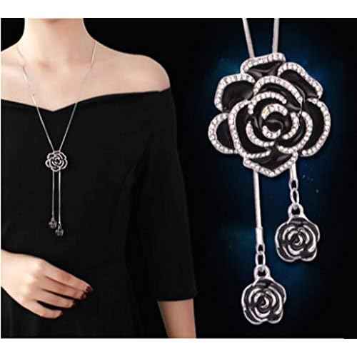 Cathercing Rhinestone Black Rose Pendant Long Necklace for Women Sweater Chain Statement Necklace Choker Adjustable Elegant Jewelry Crystal Accessories Dressy Collocation Winter Evening Party Wedding