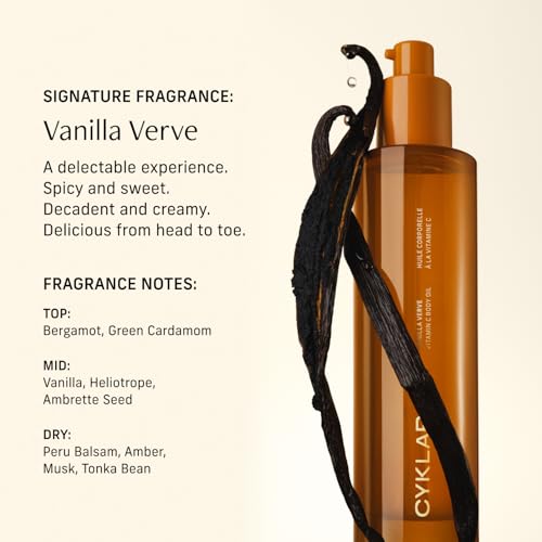 CYKLAR Vitamin C Body Oil for Women and Men. Moisturizing Vanilla Verve Scented Body Serum for Glowing Skin. Nourishing, Hydrating After-Shower and Bath Skin Care Moisturizer, 4.2 Fl Oz