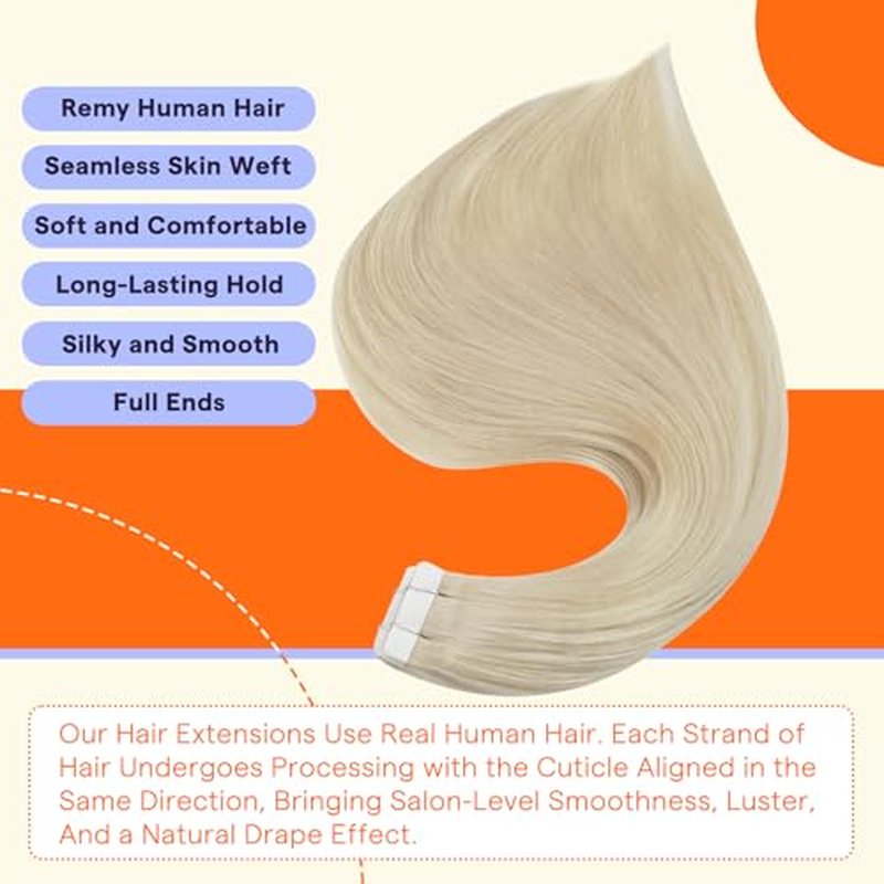 Full Shine Tape in Extensions Human Hair 24 Inch Color 60 Platinum Blonde Seamless Double Sided Tape Ins Human Hair Extensions for Thin Hair 20 PCS Invisible Brazilian 50g for Women