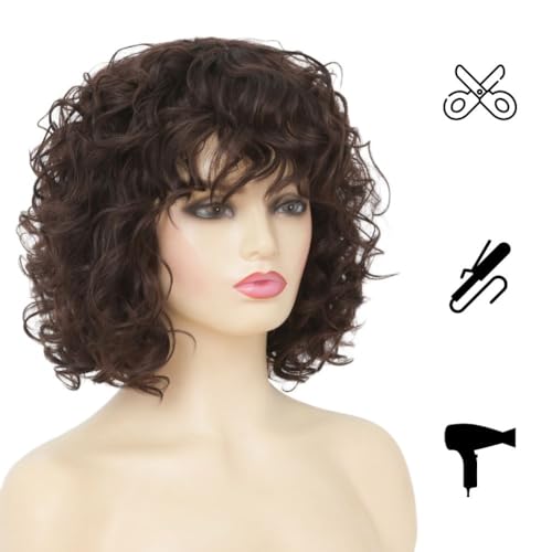 Kaneles Short Brown Curly Wig Womens Bob Wig with Bangs Shoulder Length Naturel Hair Wigs for Daliy Party Halloween Use