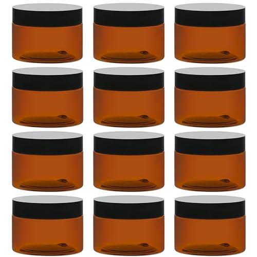 TUZAZO 4 Oz Amber Plastic Cosmetic Jars Leak Proof Small Container with lids for Cream, Lotion, Powder, Ointments, Beauty Products, 12 Pcs