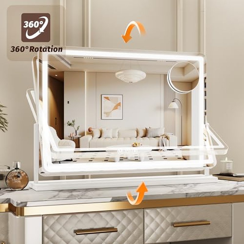 Vanity Mirror with Lights, 32"x22" Hollywood Lighted Makeup Mirror for Tabletop & Bedroom 3 Color Lighting Modes Smart Touch Control 360¡Æ Rotation Detachable