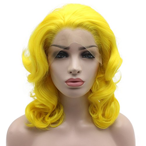 Iewig Glueless Synthetic Lace Front Wig Yellow Shoulder Length Heat Friendly Fiber Hair