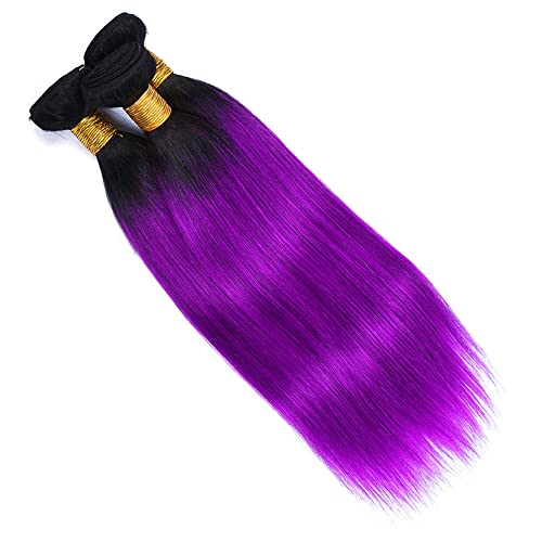 Ombre Purple Straight Bundles Black To Purple Human Hair 3 Bundles Brazilian 100% Unprocessed Virgin Extensions Double Weft Bundle 10 12 14 Inch