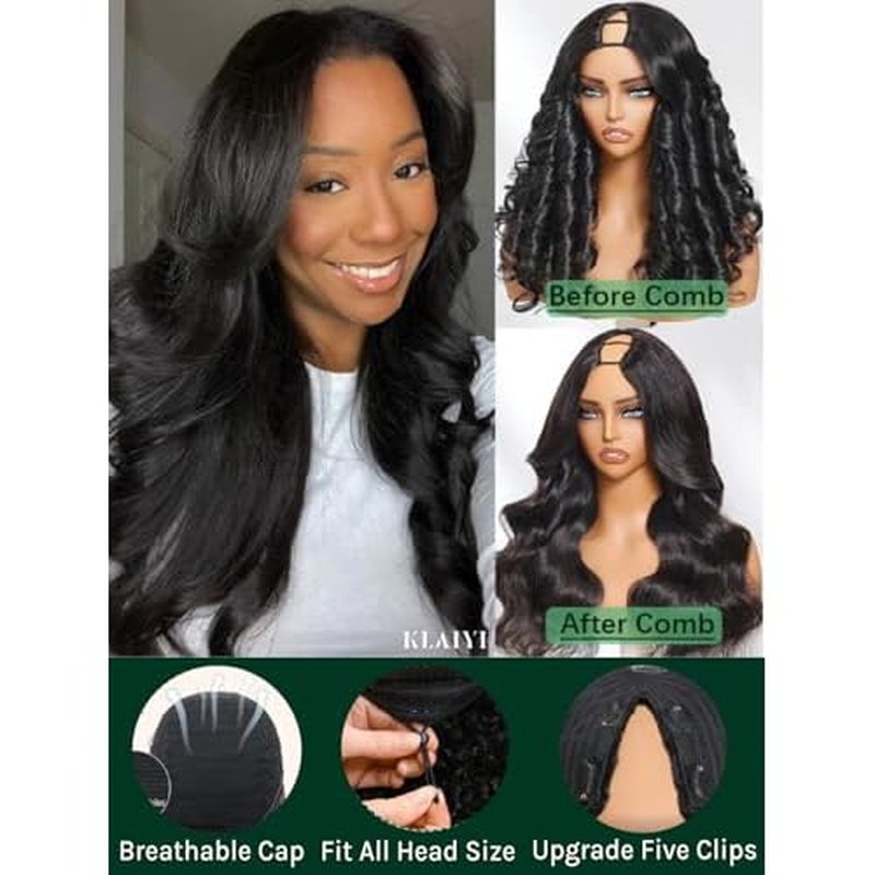 KLAIYI EasiContour V Part Wig Human Hair Body Wave Glueless Upgrade U Part Wig No Leave Out No Gel Clip in Half Wig V Shape Pull and Go Beginner Friendly Ready to Wear Natural Black Color 150% 18Inch