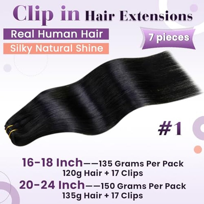 LaaVoo Hair Extensions Clip in Human Hair Black Real Human Hair Clip in Extensions 150g Jet Black 20 Inch 7pcs
