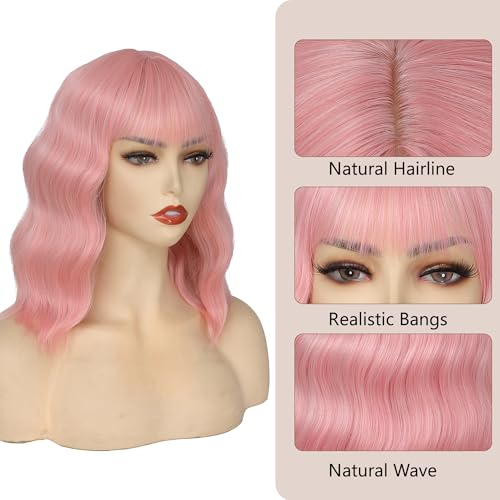 Light Pink Wig for Women Short Pastel Wavy Wigs Curly Bob Wigs with Bangs Shoulder Length Colorful Synthetic Wigs for Cosplay Costume Party Daily Use(14 Inches)